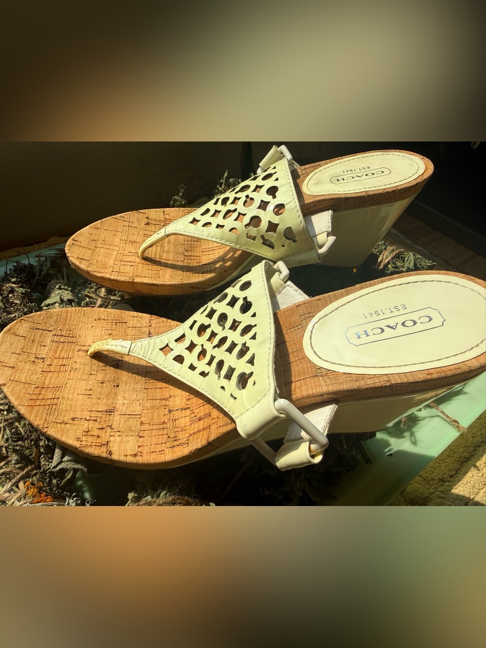 Coach White Laser-Cut Cork Wedge Sandals